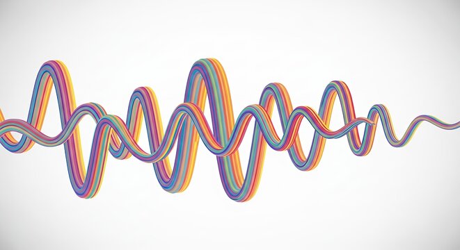Dynamic Multi-Colored 3D Wave Ribbon with Vibrant Rainbow Spirals on Clean White Background Representing Sound or Energy Flow