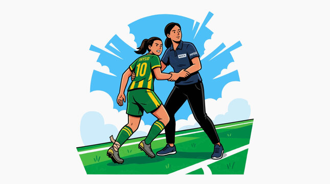 Soccer player receiving medical attention from a physiotherapist on the field
