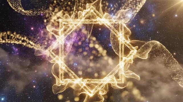 Mystical geometric emblem bathed in golden cosmic energy swirls amidst nebulae and stardust, evoking wonder and enchantment in a celestial panorama with shimmering particles and ethereal light
