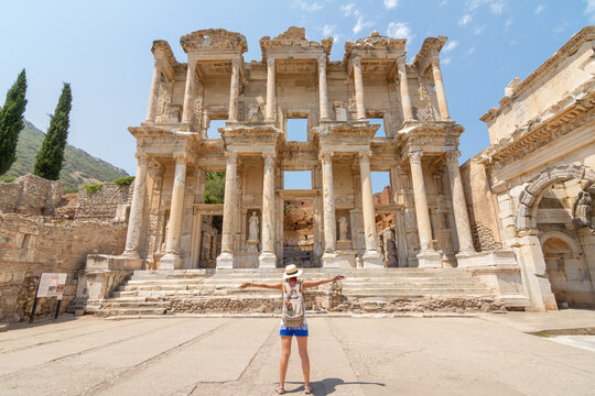 Traveler exploring ancient ruins in Efeso, Turkey on vacation