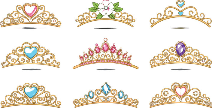 Golden Princess Tiara and Queen Crown Vector Set Decorated with Heart Gems, Diamonds, and Flowers Isolated on White Background for Girls Designs