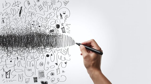 Hand drawing chaotic scribbles transforming into clean white background psychology concept