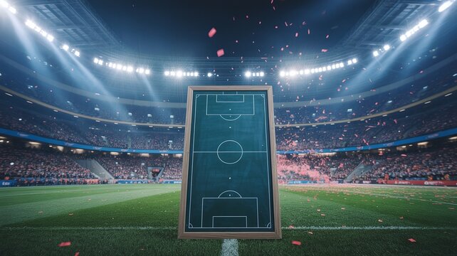 Tactical football blackboard on a green grass field with falling confetti in stadium background