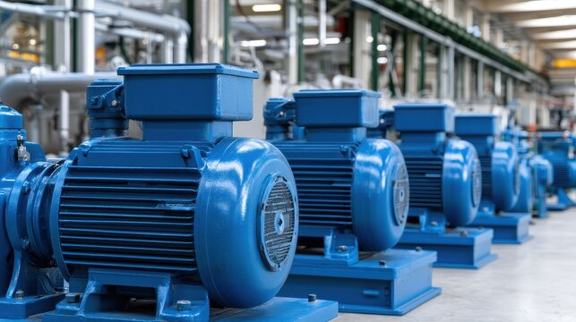 Row of powerful blue electric motors on an assembly line in a modern industrial plant