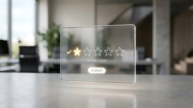 One star rating display on transparent screen with blurred office background