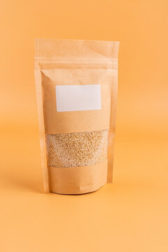 Stand-up kraft pouch with flax seed and blank label