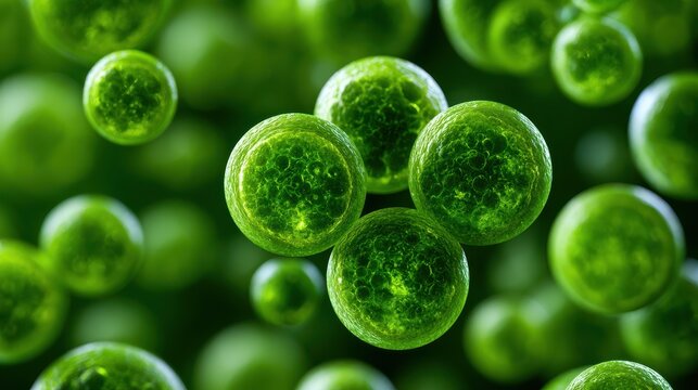 Microscopic view of green spherical algae cells with internal structures, biotechnology and microbiology concept