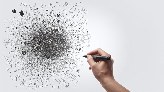 Hand drawing chaotic scribbles transforming into clean white background psychology concept