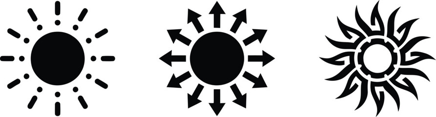 Set of three black sun icons and circular weather symbols with abstract rays and directional arrows for design © Progotibd303