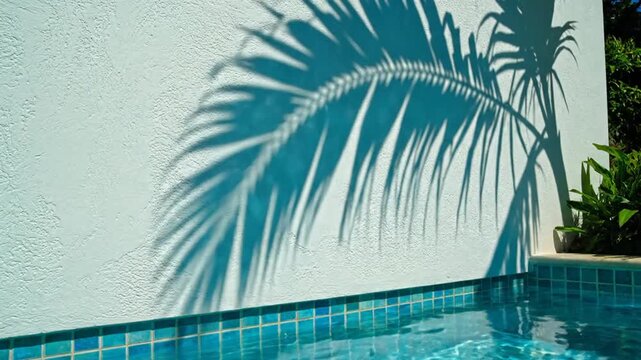 Palm tree shadow casts a dramatic silhouette onto a white textured wall next to a sparkling blue swimming pool on a sunny day at a tropical resort.