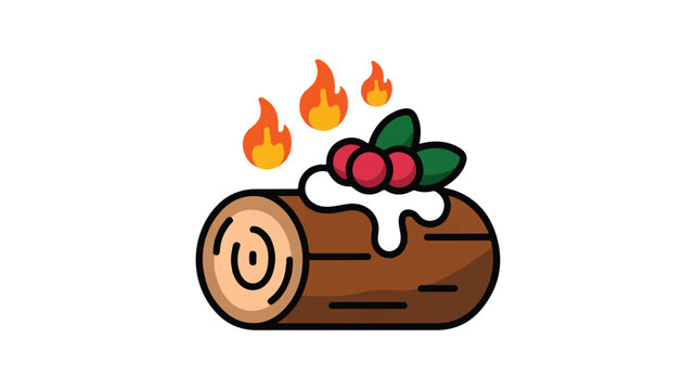 cartoon illustration of a Yule log with flames and holly on top