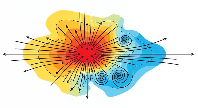 Scientific Diagram of Atmospheric Pressure System with Heat Zones and Wind Flow Arrows Representing Weather Patterns
