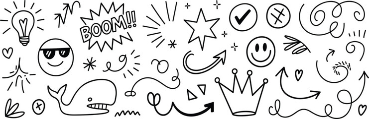 Hand Drawn Doodle Icons Collection Featuring Smiley Faces, Arrows, Crowns, Stars, Speech Elements, and Creative Sketch Vector Illustrations © SUMON STUDIO
