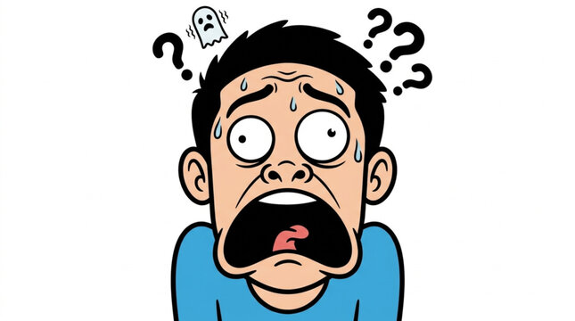 Man with terrified expression and question marks above his head.