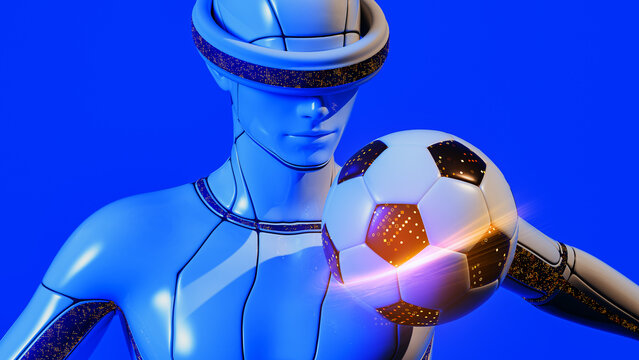 Futuristic robot plays soccer in a colorful environment with a ball