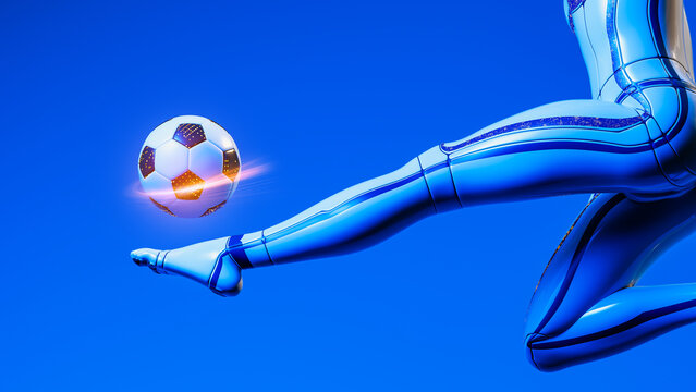 Futuristic robot plays soccer in a colorful environment with a ball