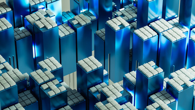 Futuristic blue data city technology background in 3D view