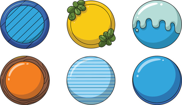 Fantasy Game UI Round Button and Element Set Featuring Wood Metal Plant and Water Textures for Mobile App User Interface Graphic Designs