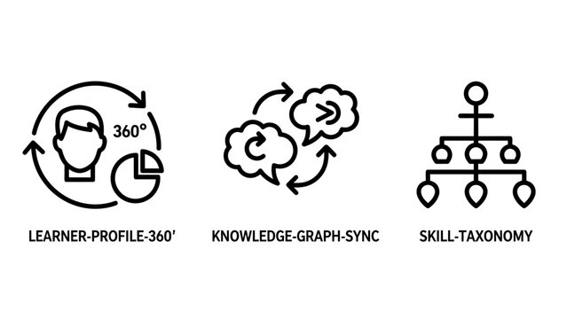 Human resources technology icons representing a 360 degree learner profile knowledge graph synchronization through brain communication structural skill taxonomy hierarchy organization learning