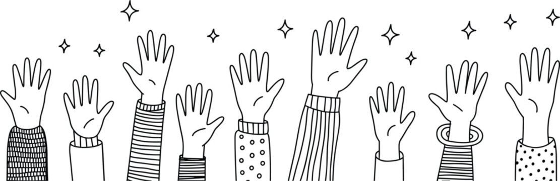 Hand Drawn Raised Hands Illustration Collection with Doodle Style Human Gestures, Celebration Symbols, Volunteer Concepts, and Creative Vector Design Elements