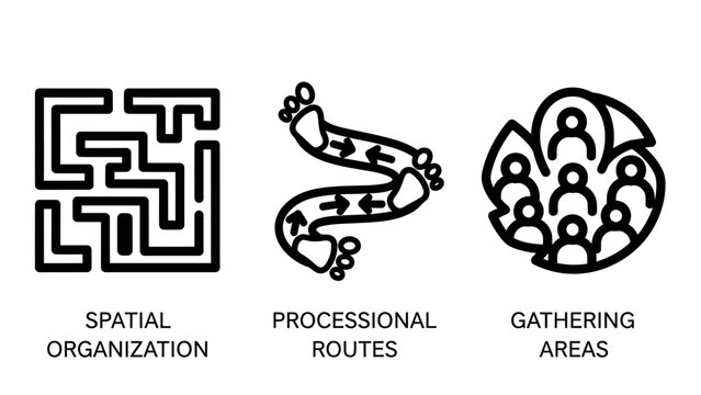 Set of architectural planning icons highlighting spatial organization processional routes and community gathering areas for urban design projects with architecture organization processional