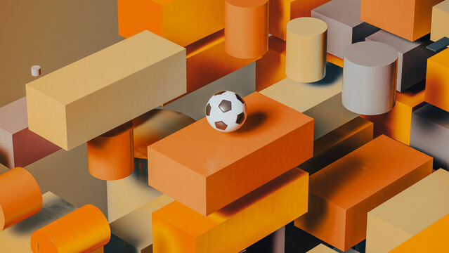 Floating soccer ball in geometric city with abstract shapes