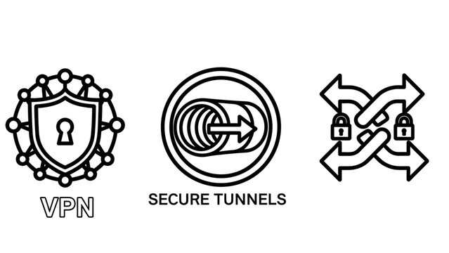 Virtual private network (vpn) secure tunnels network security icons for online protection data protection cyber security internet safety data privacy secure connection remote access