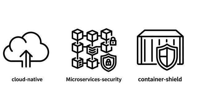 Cloud-native microservices architecture security and containerization concepts icon set with line art microservice security container architecture application software development information