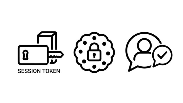 Digital security and data privacy icons for session tokens and user authentication with security authentication protection internet personal information confidential checkmark technology