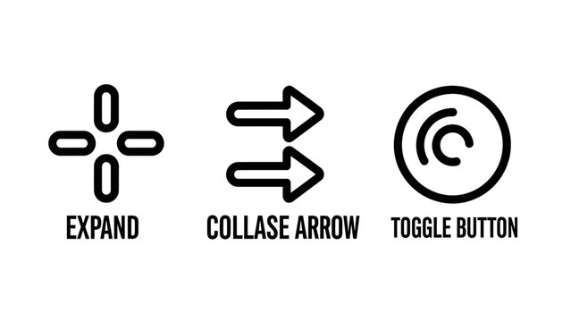 Icons for expand collapse arrow toggle button with interface navigation direction collection interaction function operation expandable collapsible circular indicator