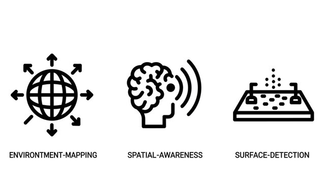 Icons for environment mapping spatial awareness surface detection with technology navigation awareness detection interface graphics collection minimalist communication information processing