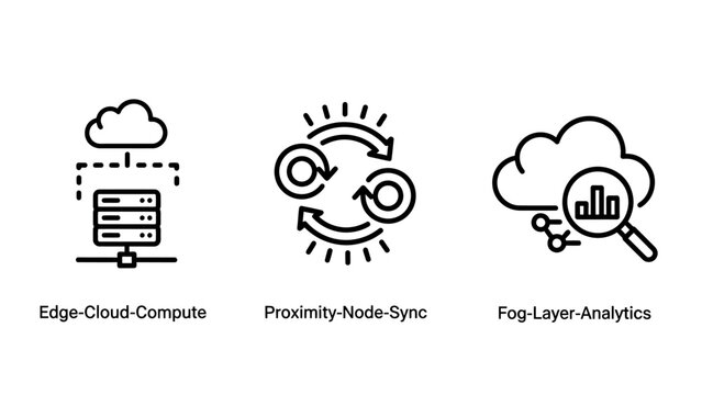 Edge cloud compute proximity node sync fog layer analysis technology line icons with edge computing data synchronization white background black line big data technology internet information