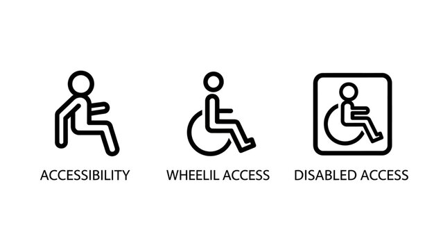 Accessibility wheelchair access disabled access outline icons for inclusive design and social issues with barrier free social issue universal design public access building access accessible restr