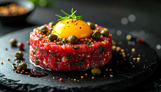 Beef tartare with egg yolk capers and mustard seeds fine dining close up