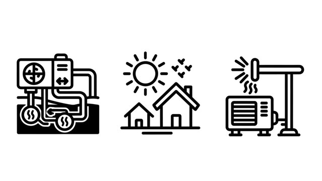Icons for geothermal heating solar power air conditioning with climate control heat pump green energy sustainable energy eco friendly outdoor unit indoor unit geothermal system solar panel