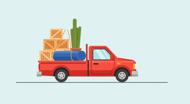 Red Pickup Truck Loaded with Wooden Crates and Potted Cactus