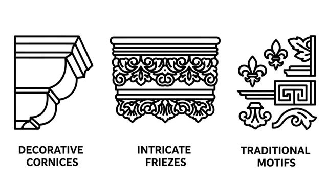 Decorative cornices intricate friezes traditional motifs in architecture and interior design with line art cornices decorative architecture traditional ornament historical architectural