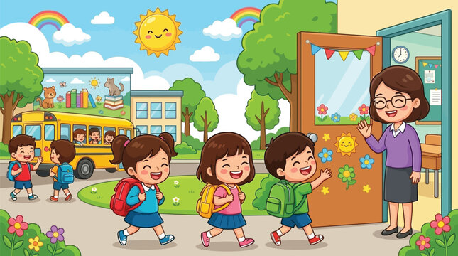 Elementary school arrival children and teacher welcoming students