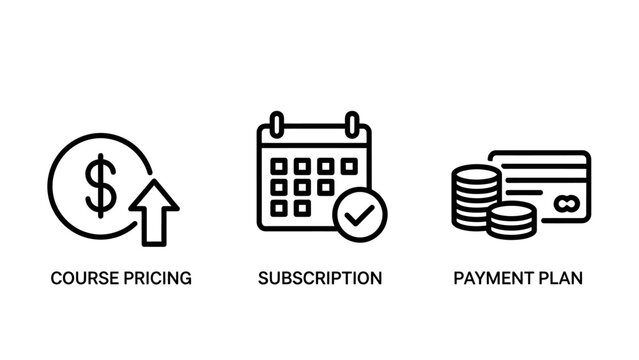 Financial transaction icons: course pricing subscription services flexible payment plan options for business and education subscription financial transaction calendar agreement schedule