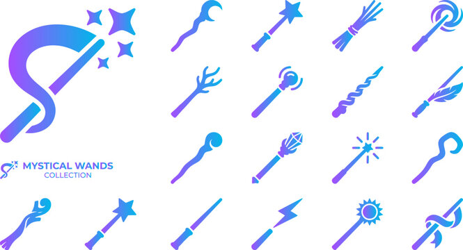 Mystical wands collection set with magical rods fairy sticks and fantasy items featuring vibrant gradient design.