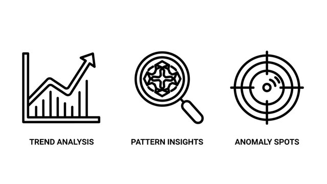Trend analysis pattern insights anomaly spots icons with data analysis magnifying glass data visualization statistics bullseye business research discovery observation illustration background