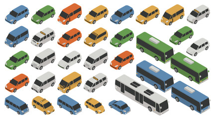 Collection of isometric vehicles including cars vans and buses in various colors © MadhobiRani