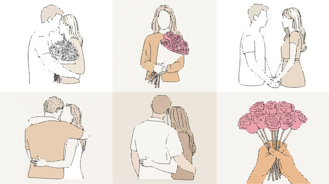 couples holding each other and flowers in various romantic poses and line art styles