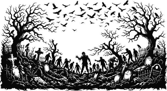 halloween graveyard scene with zombies and crows black and white illustration