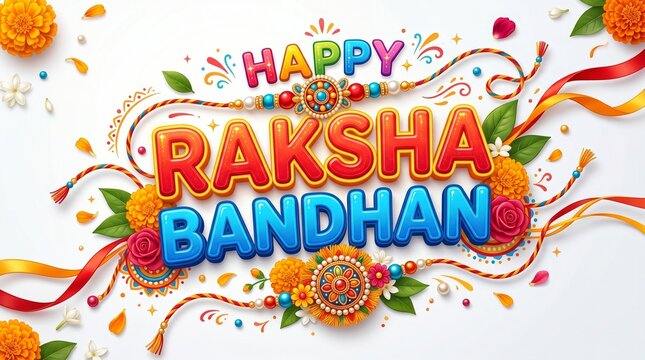 Happy Raksha Bandhan vector illustration with colorful 3D lettering, traditional rakhi threads, and festive marigold flowers on a white background