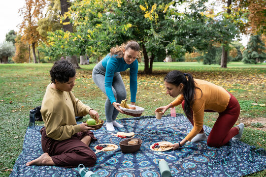 Multiethnic women setting picnic food on blanket in park