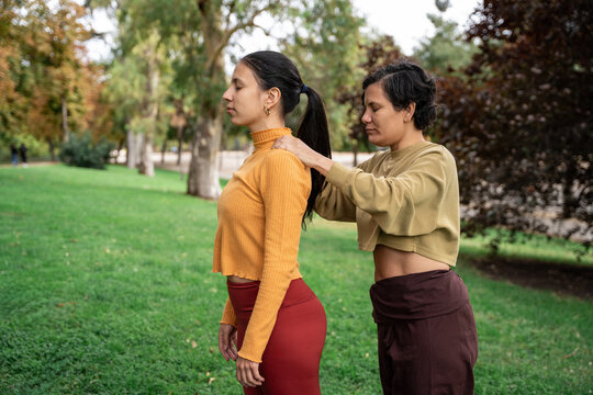 Mindfulness coaching in park during spiritual retreat
