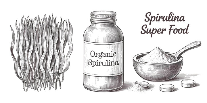 Hand drawn spirulina algae bottle powder and tablets with text superfood organic