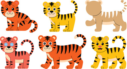 Cute Tiger Cub Cartoon Character Set Featuring Various Orange and Yellow Striped Wild Cats for Kids Jungle and Safari Vector Graphic Designs © MbBasir