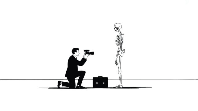 Man in suit taking photo of skeleton with camera and briefcase on floor